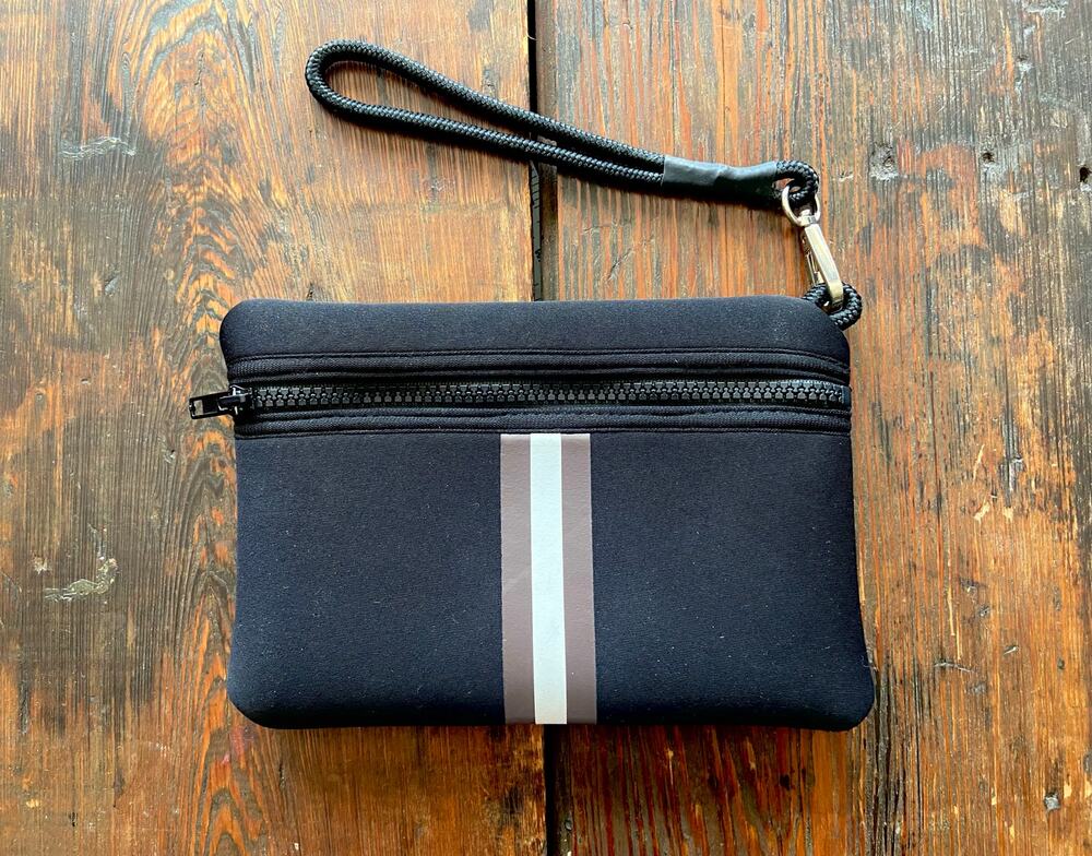HAUTE SHORE Black Striped Neoprene Clutch/Wristlet